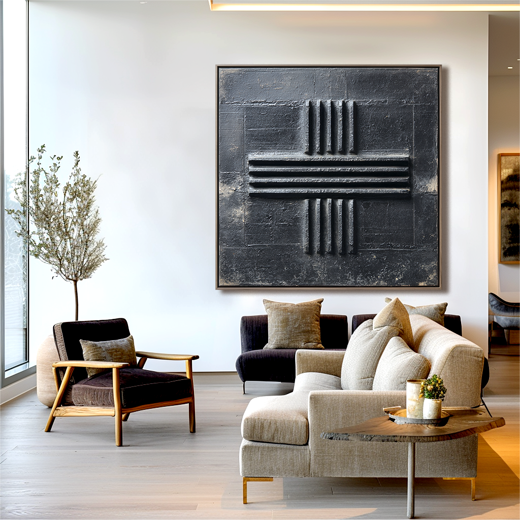 Silent Structure – Abstract Geometric Textured Black Wall Art, Modern Minimalist 3D Relief Decor for Home