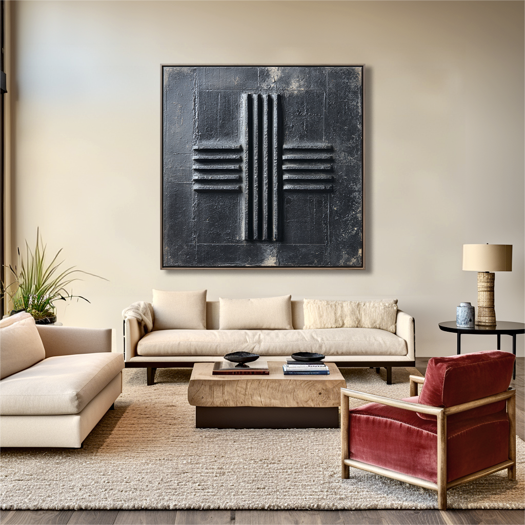 Silent Structure – Abstract Geometric Textured Black Wall Art, Modern Minimalist 3D Relief Decor for Home