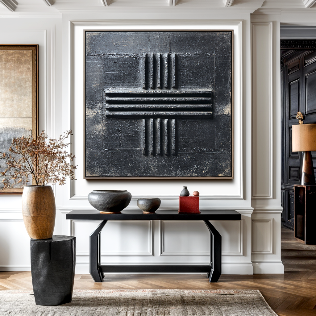 Silent Structure – Abstract Geometric Textured Black Wall Art, Modern Minimalist 3D Relief Decor for Home