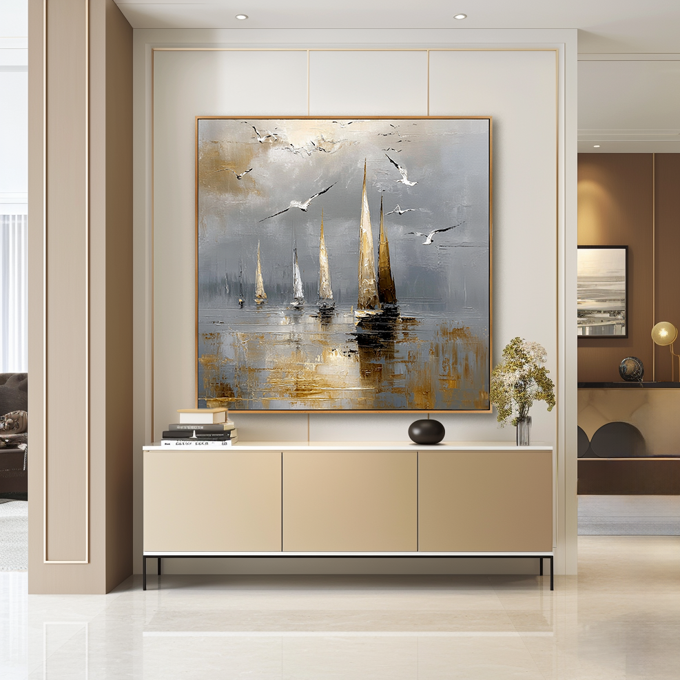 Coastal Echo - Hand-Painted Sailboat Oil Painting Acoustic Panel