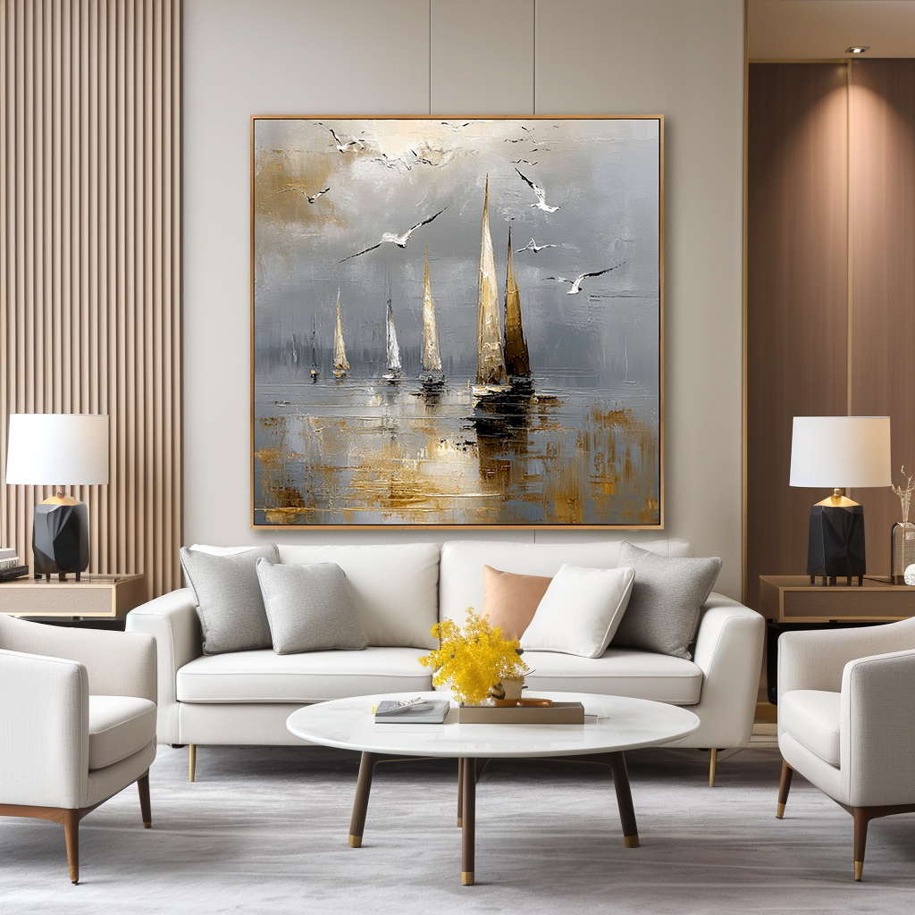 Coastal Echo - Hand-Painted Sailboat Oil Painting Acoustic Panel