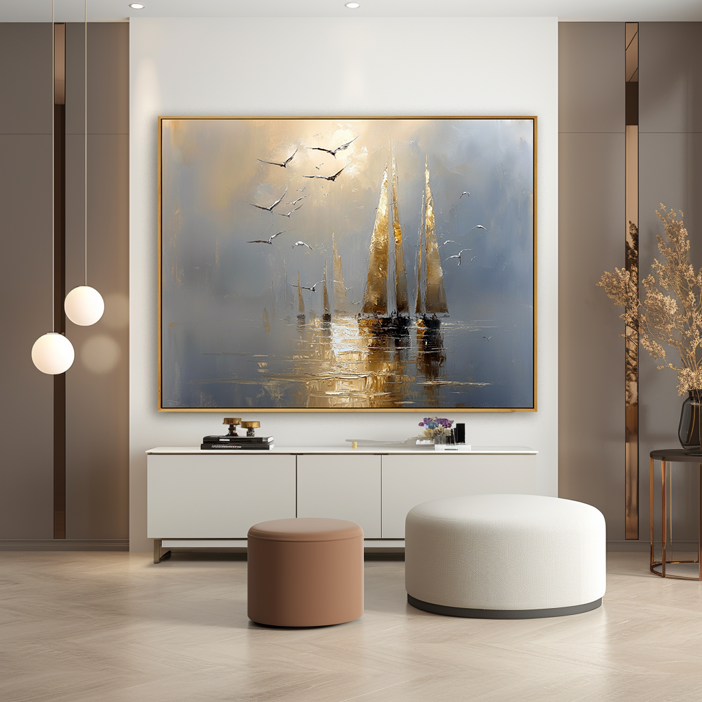 Luminous Sail – Hand-Painted Sailboat Oil Painting | Modern Coastal Wall Art