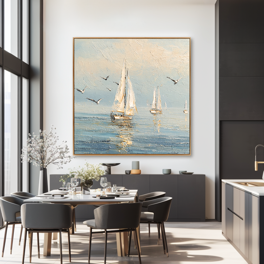 Seafoam Morning - Hand-Painted Sailboat Oil Painting Acoustic Panel