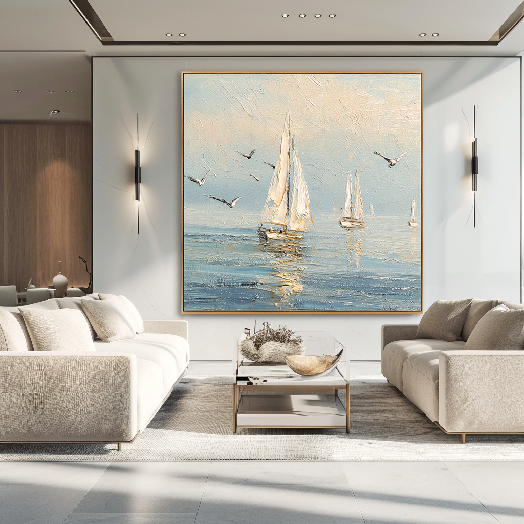 Seafoam Morning - Hand-Painted Sailboat Oil Painting Acoustic Panel