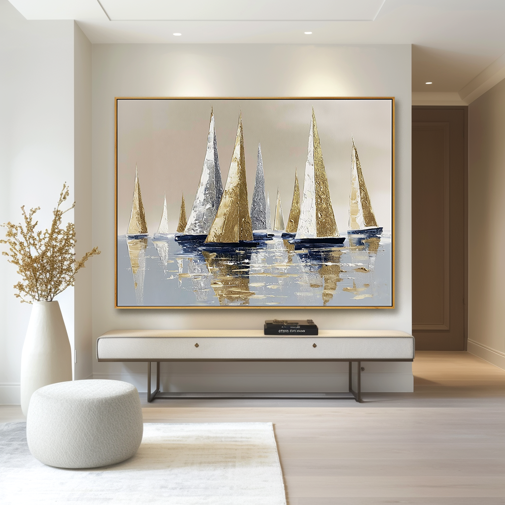 Silver Voyage – Hand-Painted Sailboat Oil Painting on Acoustic Panel