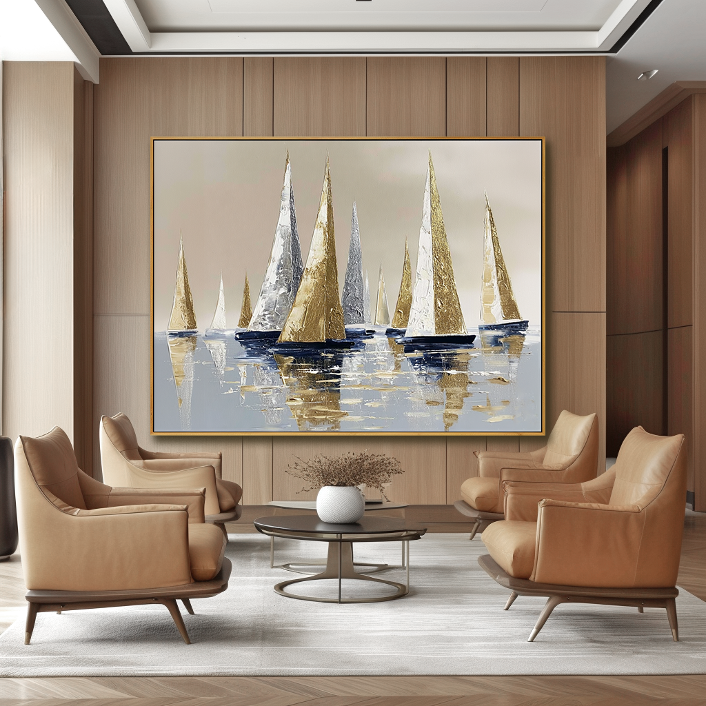 Silver Voyage – Hand-Painted Sailboat Oil Painting on Acoustic Panel