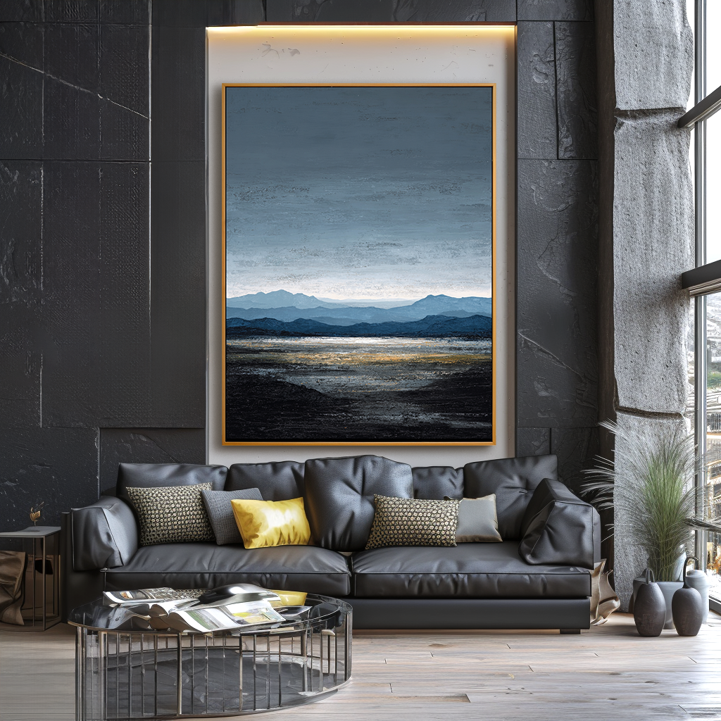 Distant Blue Horizon – Hand-Painted Minimalist Landscape Wall Art with Subtle Texture for Modern Home Decor