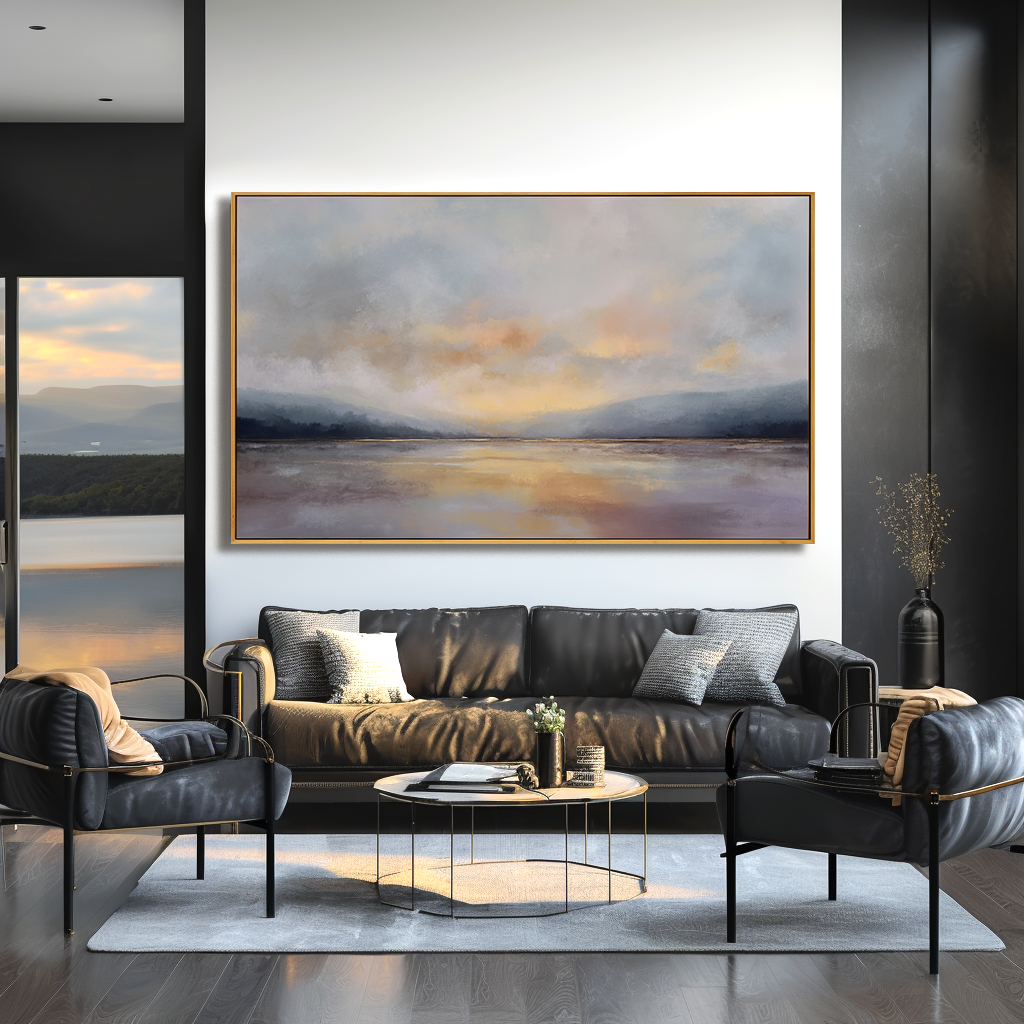 Still Horizon Glow – Hand-Painted Landscape Wall Art with Soft Texture for Modern Home Decor