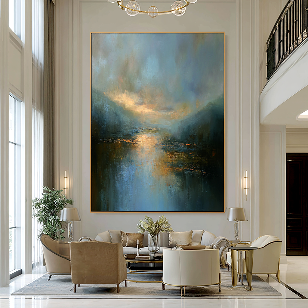 Vertical Still Waters – Hand-Painted Landscape Wall Art with Layered Texture for Modern Home Decor