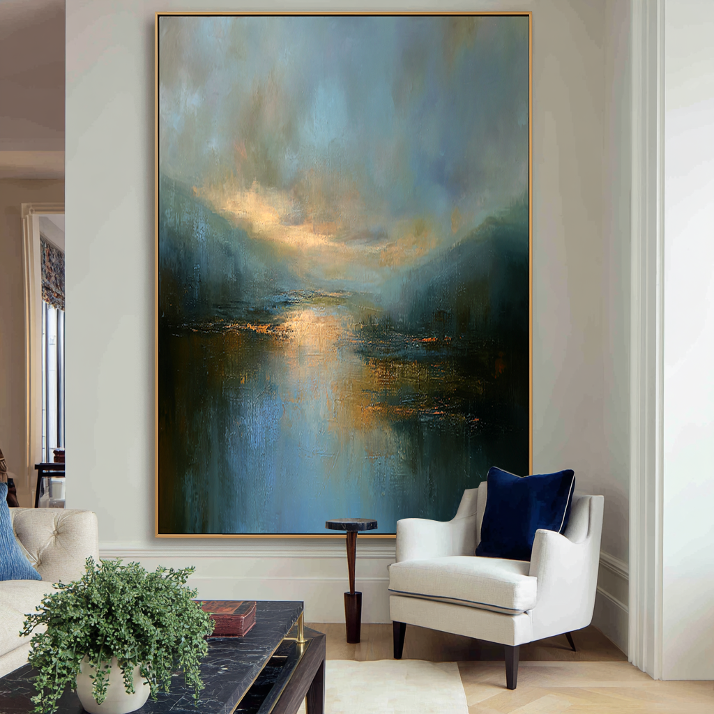 Vertical Still Waters – Hand-Painted Landscape Wall Art with Layered Texture for Modern Home Decor