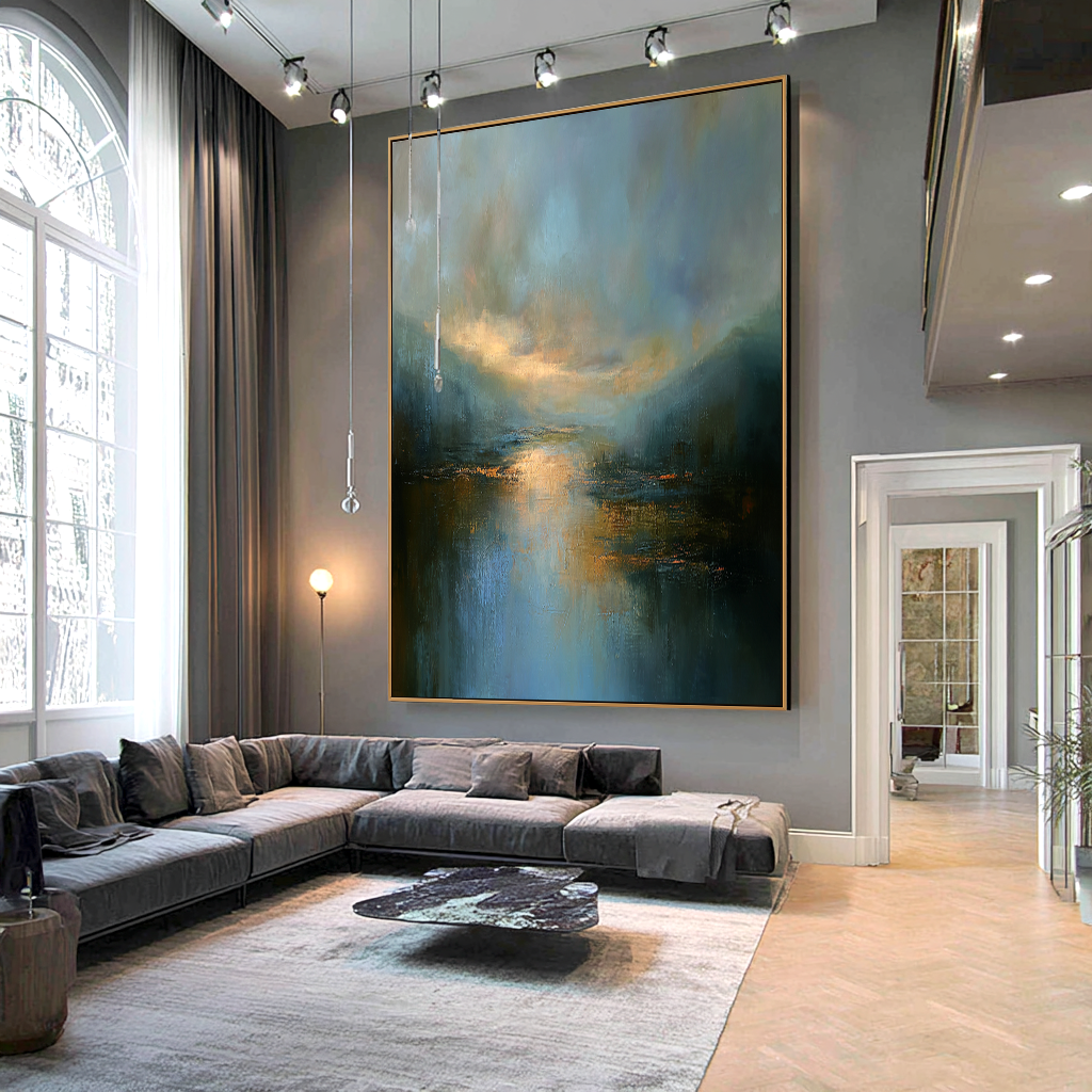 Vertical Still Waters – Hand-Painted Landscape Wall Art with Layered Texture for Modern Home Decor