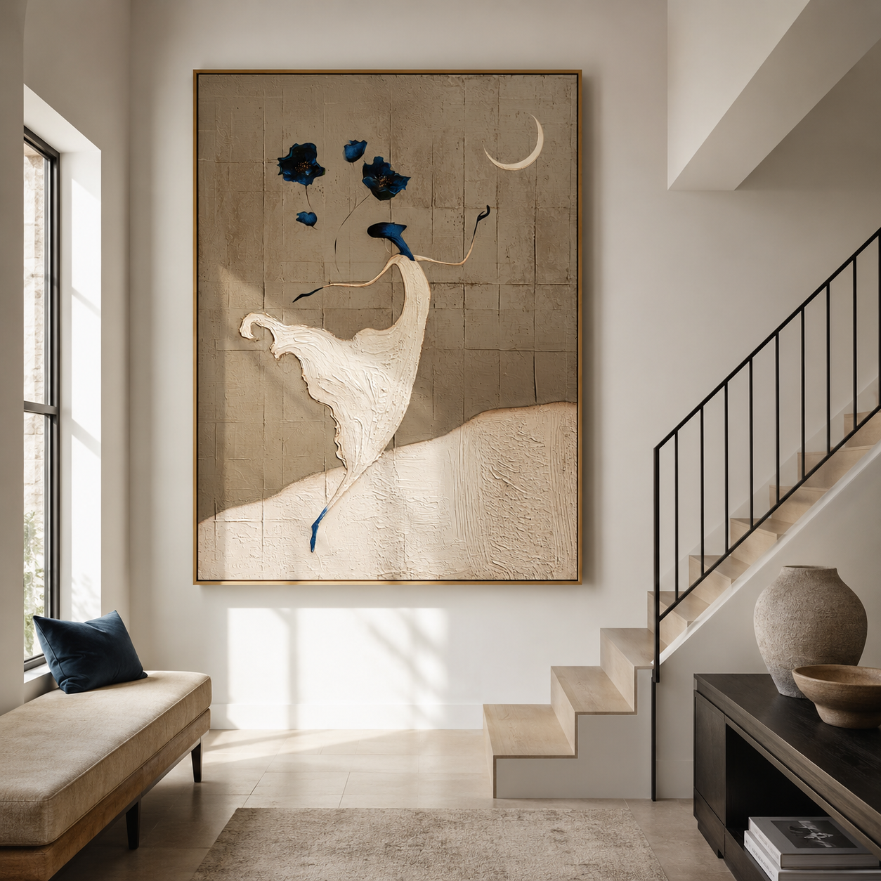 Moonlit Bloom - Hand-Painted Abstract Floral Figure Painting Acoustic Panel