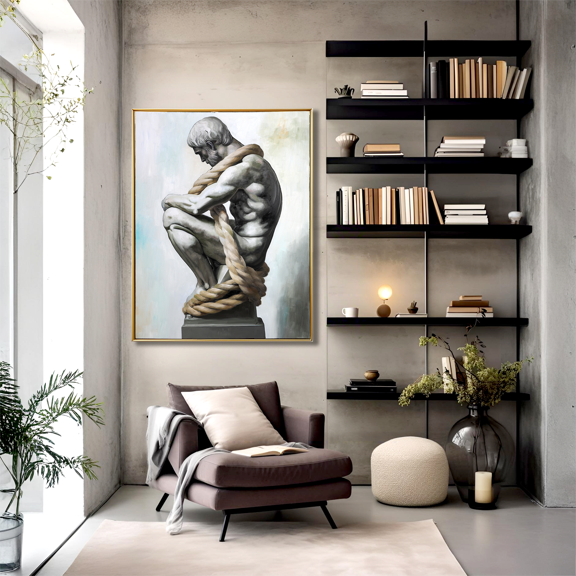 Bound Thought – Textured Figurative Oil Painting, Modern Minimalist Sculpture-Inspired Wall Art for Home or Office