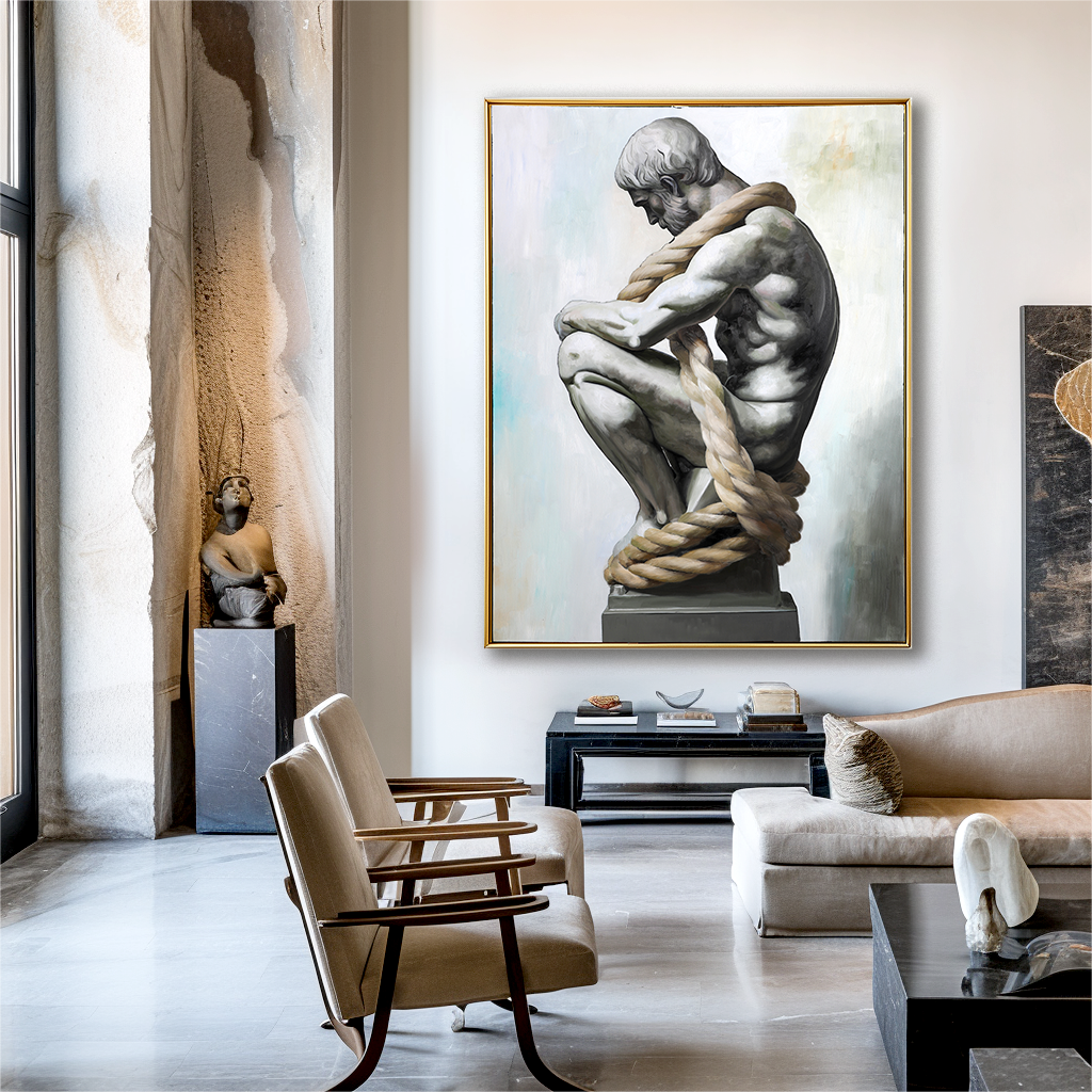 Bound Thought – Textured Figurative Oil Painting, Modern Minimalist Sculpture-Inspired Wall Art for Home or Office