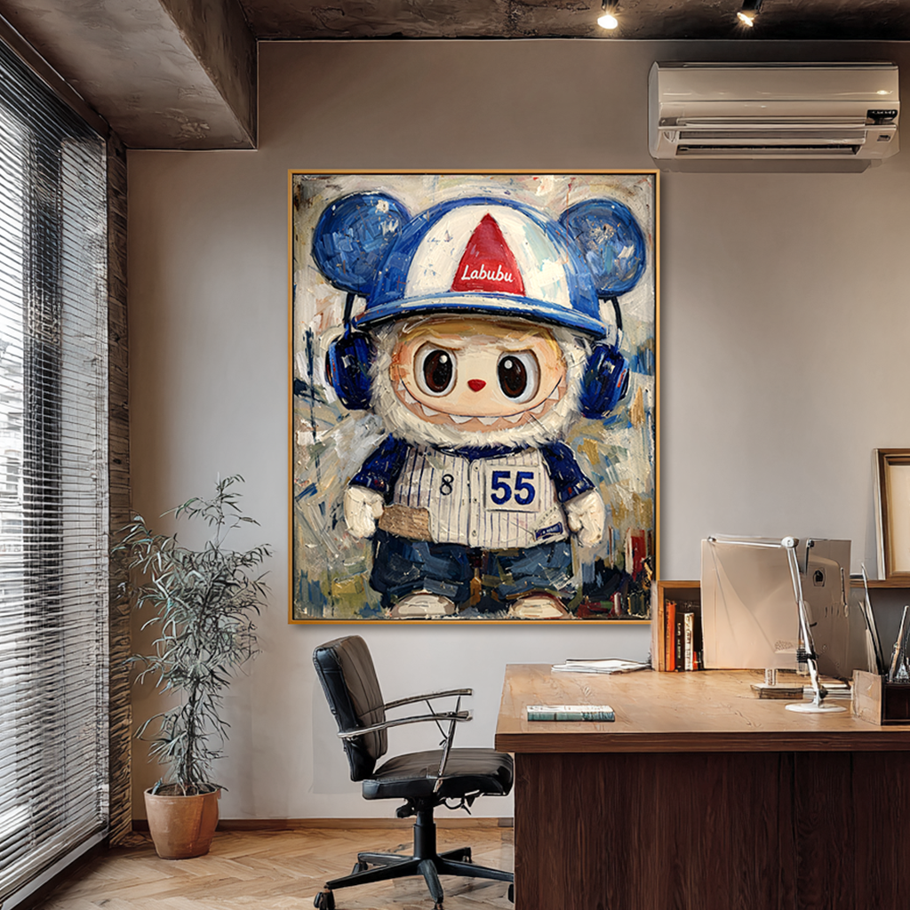 Blue Batter - Labubu Inspired Baseball Character Oil Painting
