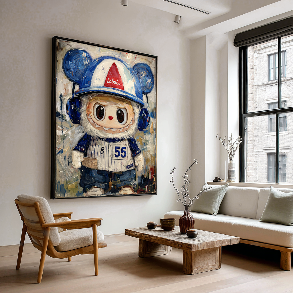 Blue Batter - Labubu Inspired Baseball Character Oil Painting