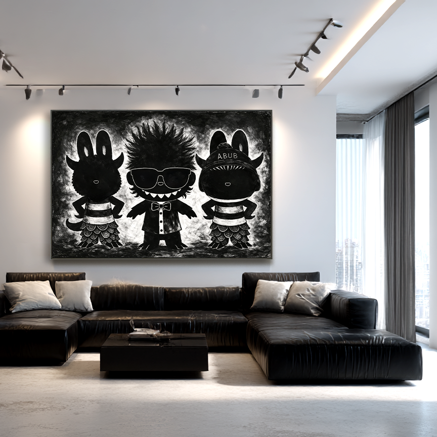 Midnight Trio - Labubu Inspired Character Group Oil Painting