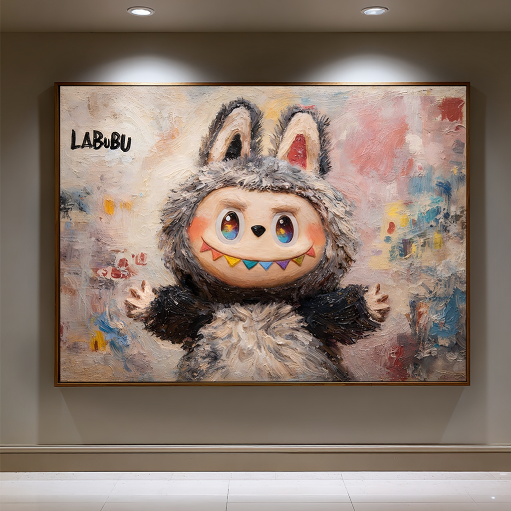 Soft Rainbow Smile - Labubu Inspired Character Oil Painting