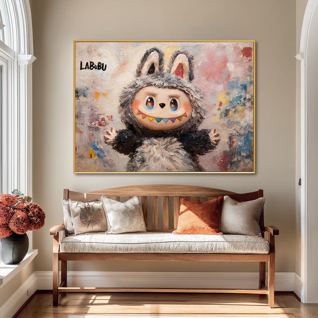 Soft Rainbow Smile - Labubu Inspired Character Oil Painting
