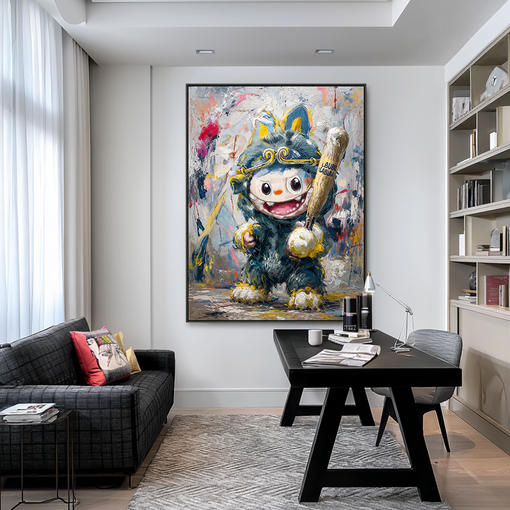 Victory Swing - Labubu Inspired Baseball Character Oil Painting