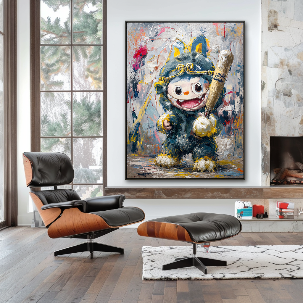 Victory Swing - Labubu Inspired Baseball Character Oil Painting