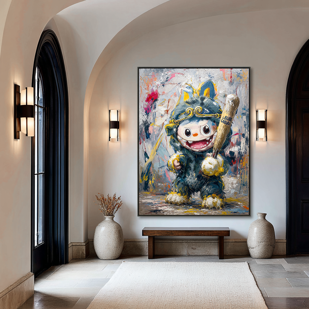 Victory Swing - Labubu Inspired Baseball Character Oil Painting