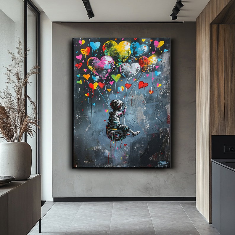 Hearts in the Sky — Graffiti Balloon Love Oil Painting, Street Pop Wall Art