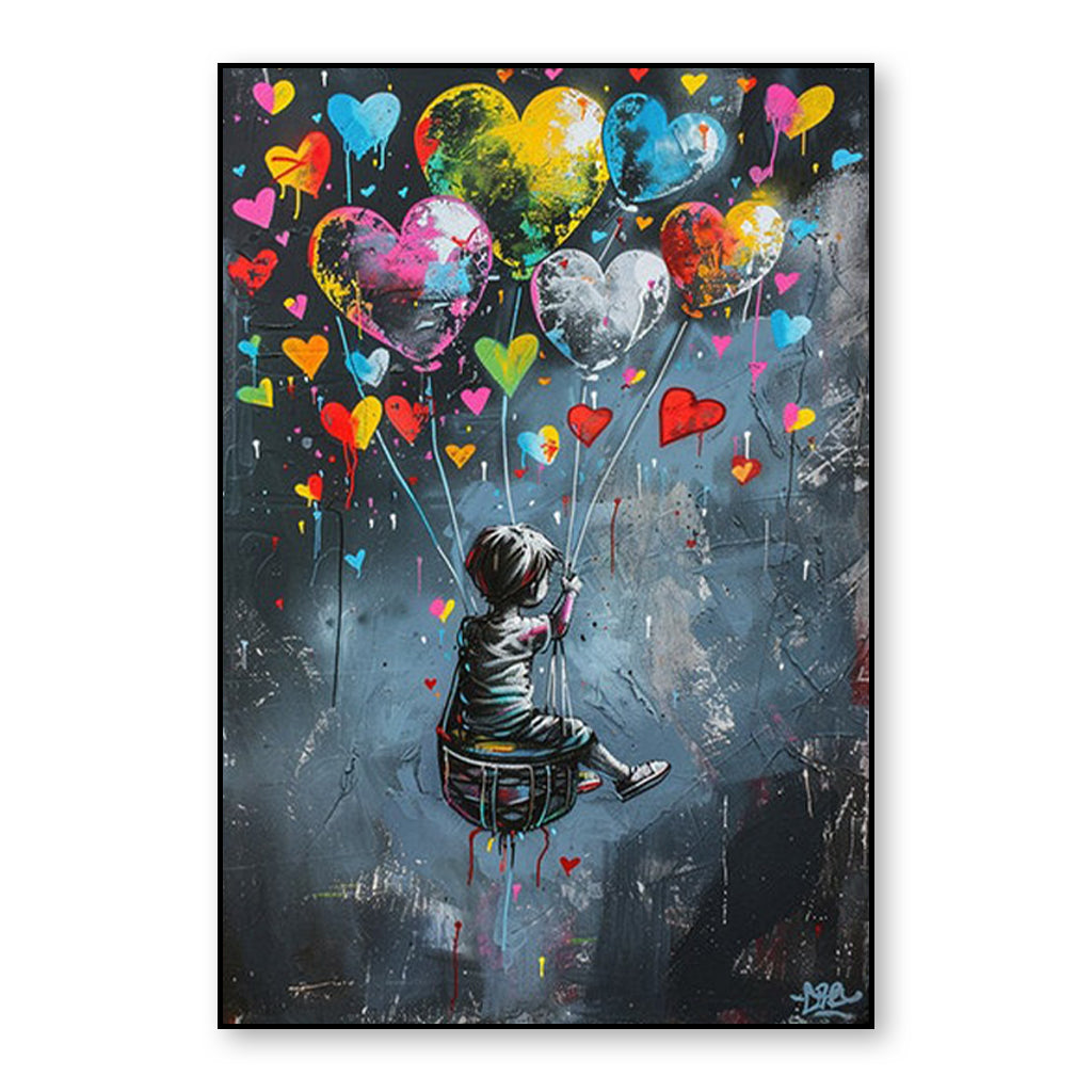 Hearts in the Sky — Graffiti Balloon Love Oil Painting, Street Pop Wall Art