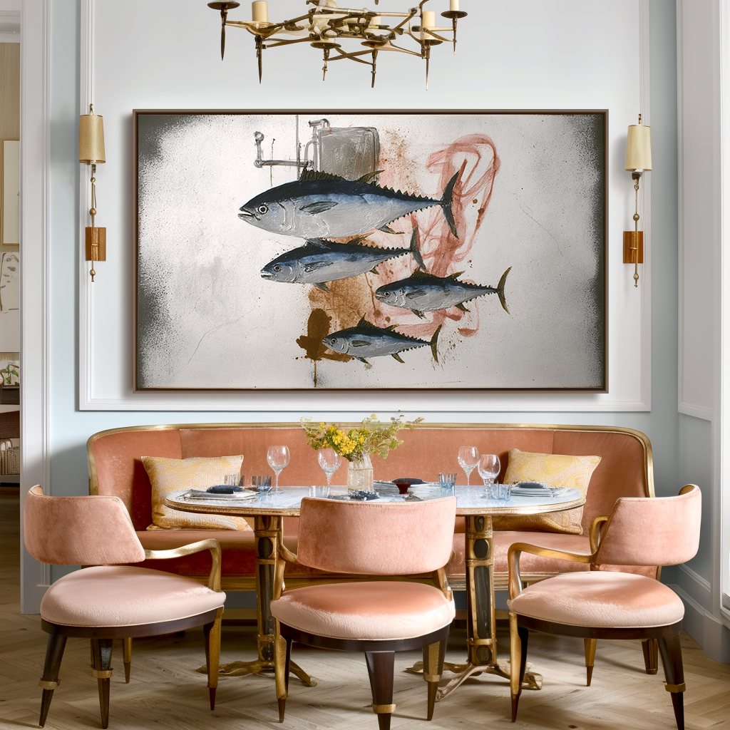 Market Sink — Tuna Fish Wall Art, Industrial Kitchen Canvas, Textured Oil Painting