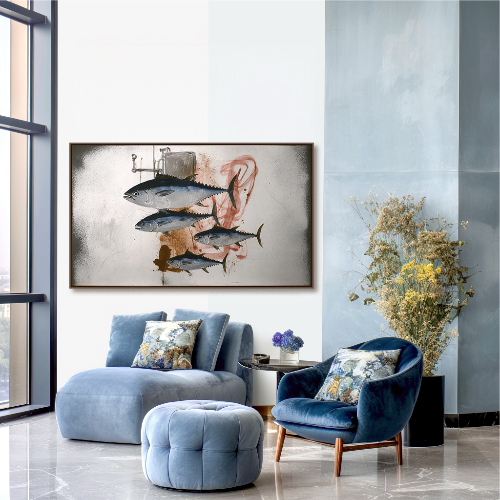 Market Sink — Tuna Fish Wall Art, Industrial Kitchen Canvas, Textured Oil Painting