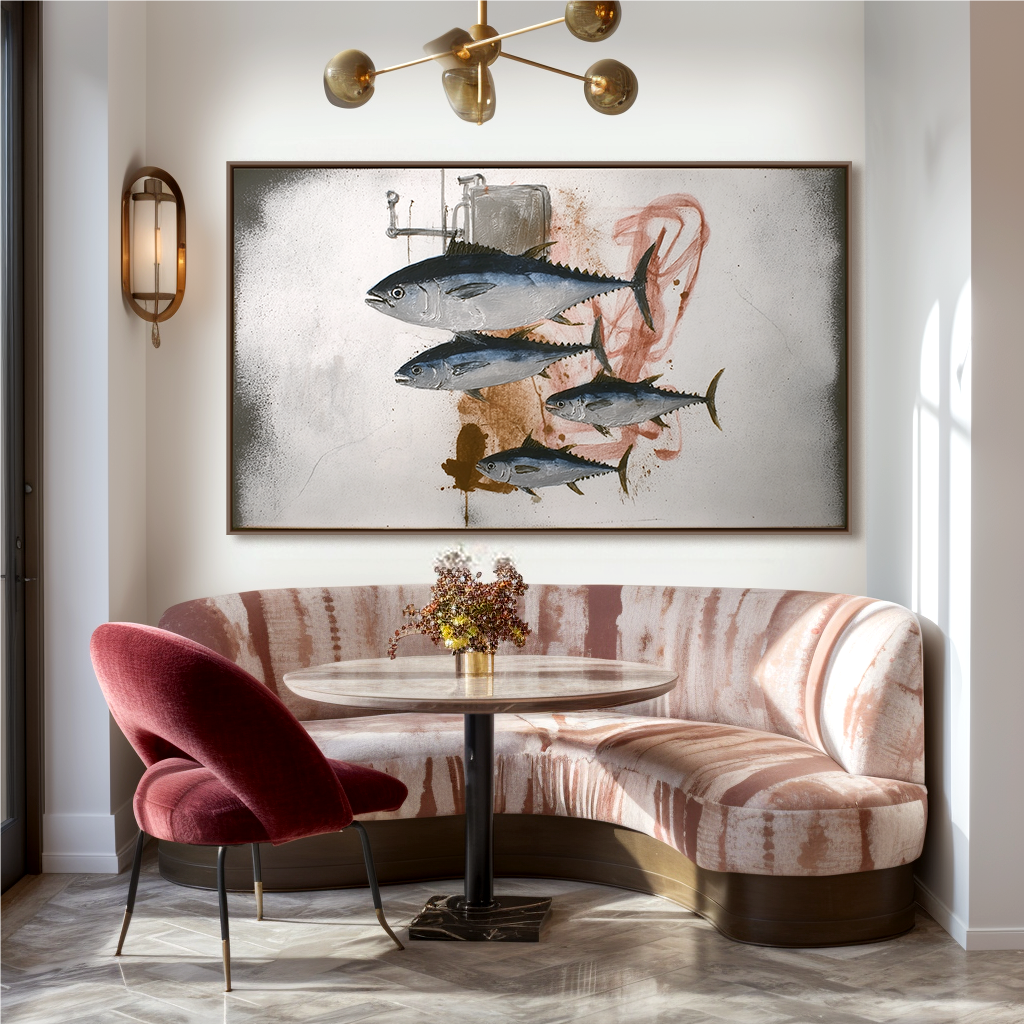 Market Sink — Tuna Fish Wall Art, Industrial Kitchen Canvas, Textured Oil Painting