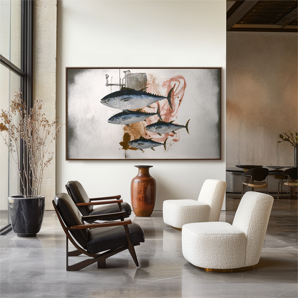 Market Sink — Tuna Fish Wall Art, Industrial Kitchen Canvas, Textured Oil Painting