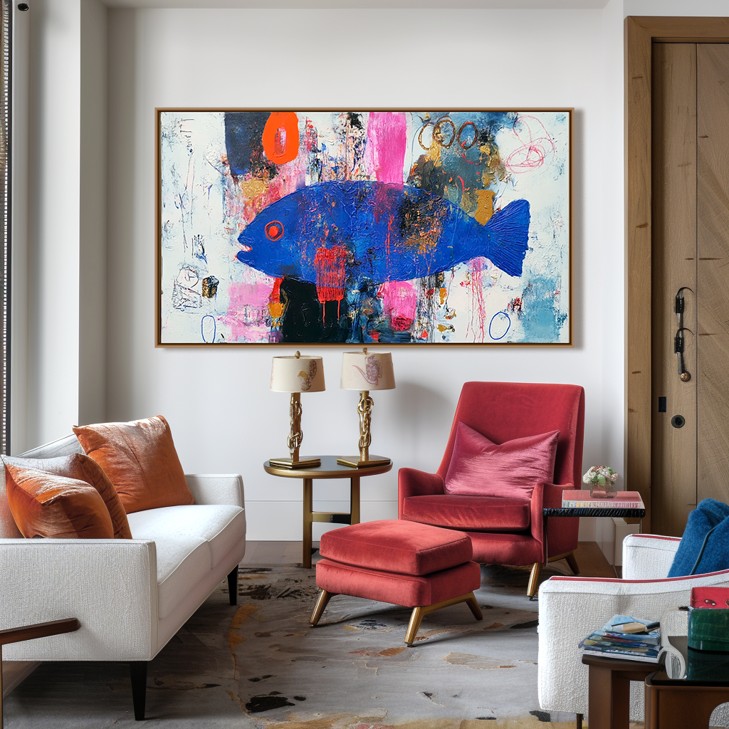 Midnight Current — Abstract Blue Fish Oil Painting, Expressionist Textured Wall Art