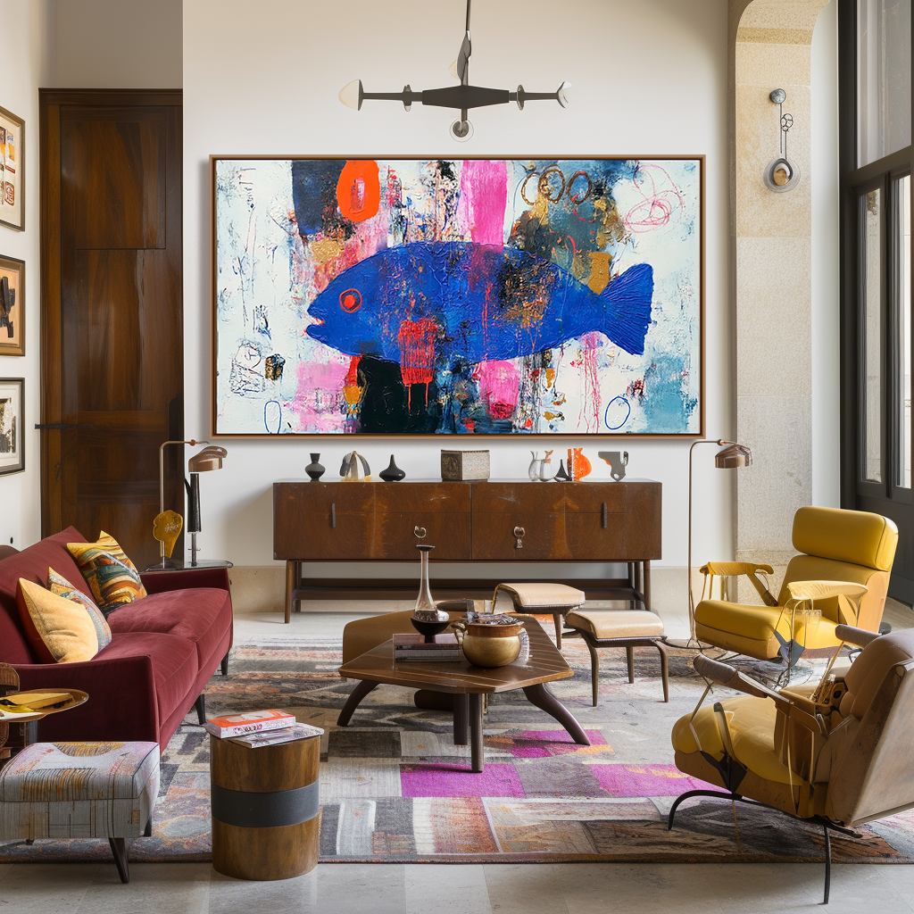 Midnight Current — Abstract Blue Fish Oil Painting, Expressionist Textured Wall Art