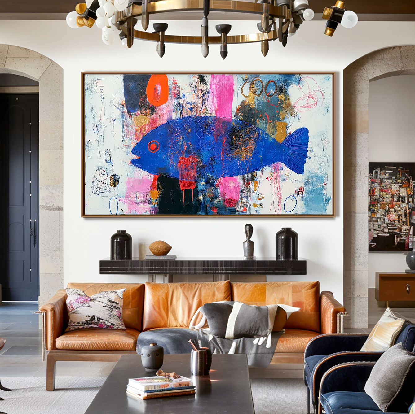 Midnight Current — Abstract Blue Fish Oil Painting, Expressionist Textured Wall Art