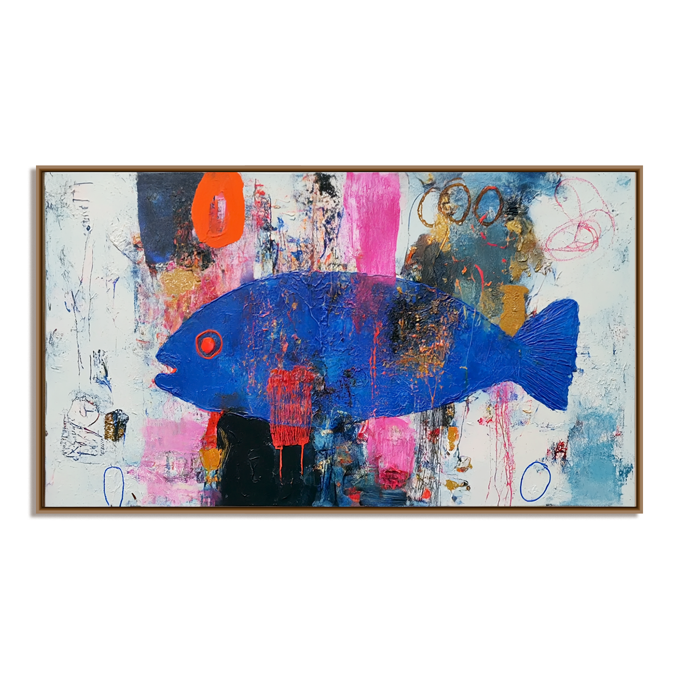 Midnight Current — Abstract Blue Fish Oil Painting, Expressionist Textured Wall Art