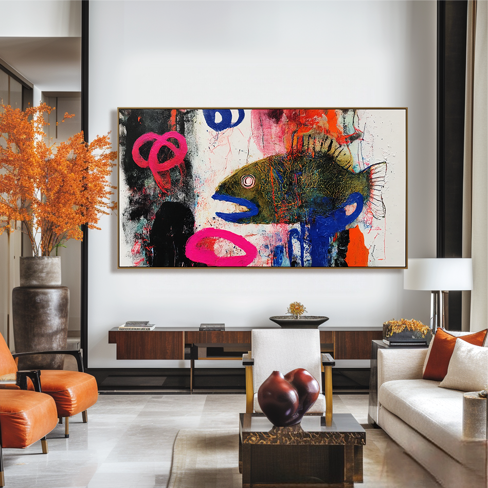 Neon Depth — Abstract Fish Expressionist Oil Painting, Bold Textured Wall Art