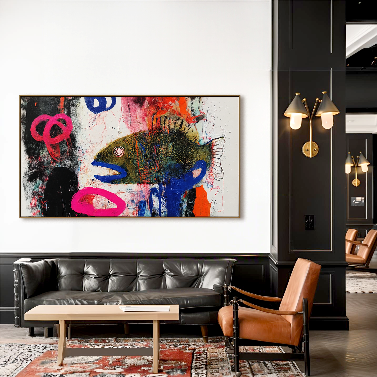 Neon Depth — Abstract Fish Expressionist Oil Painting, Bold Textured Wall Art