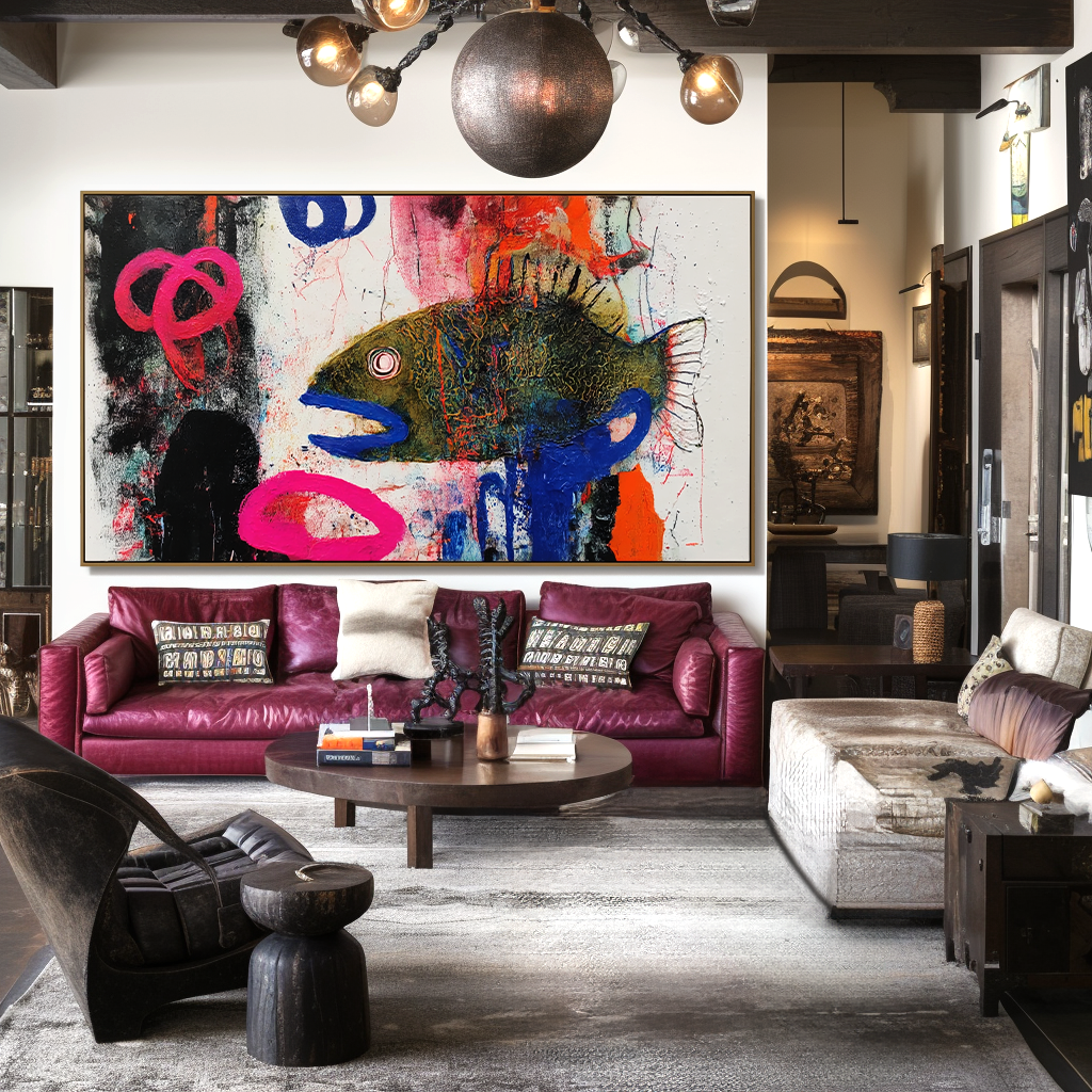 Neon Depth — Abstract Fish Expressionist Oil Painting, Bold Textured Wall Art