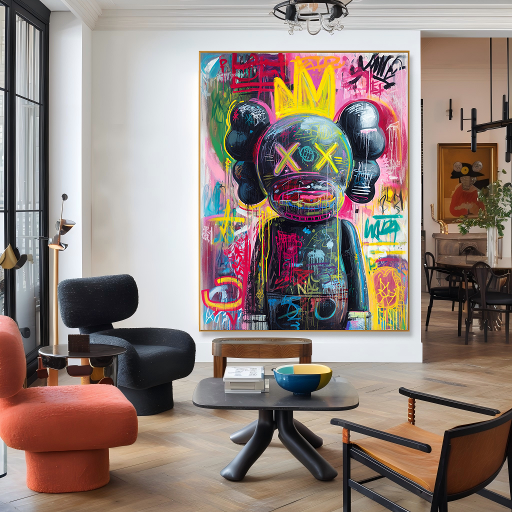 Neon Monarch - KAWS Inspired Crowned Graffiti Oil Painting
