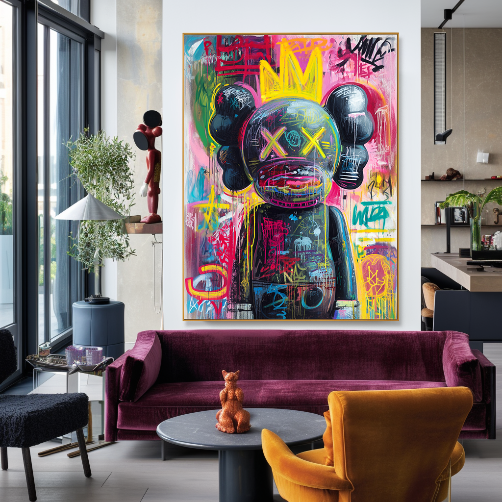 Neon Monarch - KAWS Inspired Crowned Graffiti Oil Painting