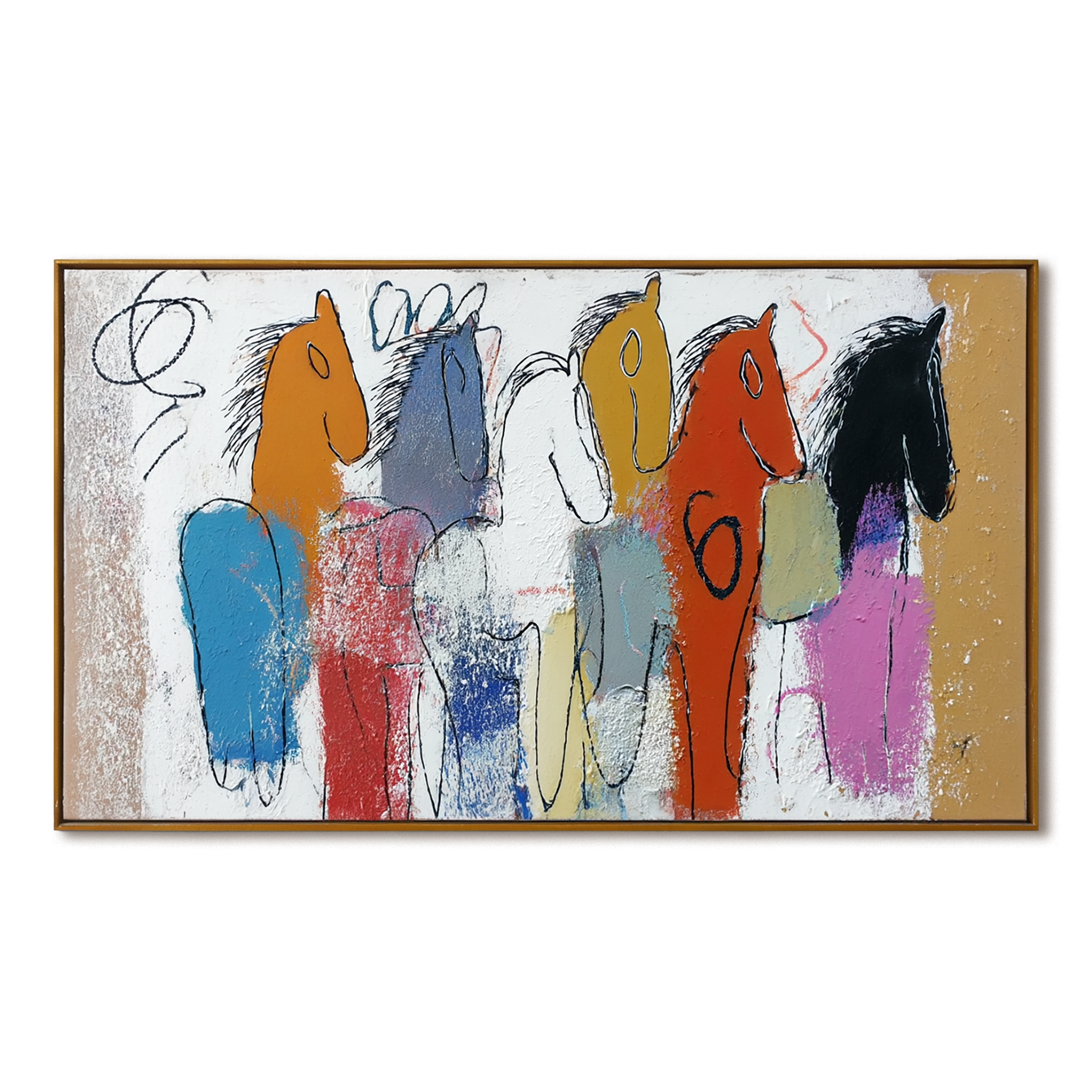 Parade of Colors — Abstract Horse Oil Painting, Naive Art Textured Wall Art