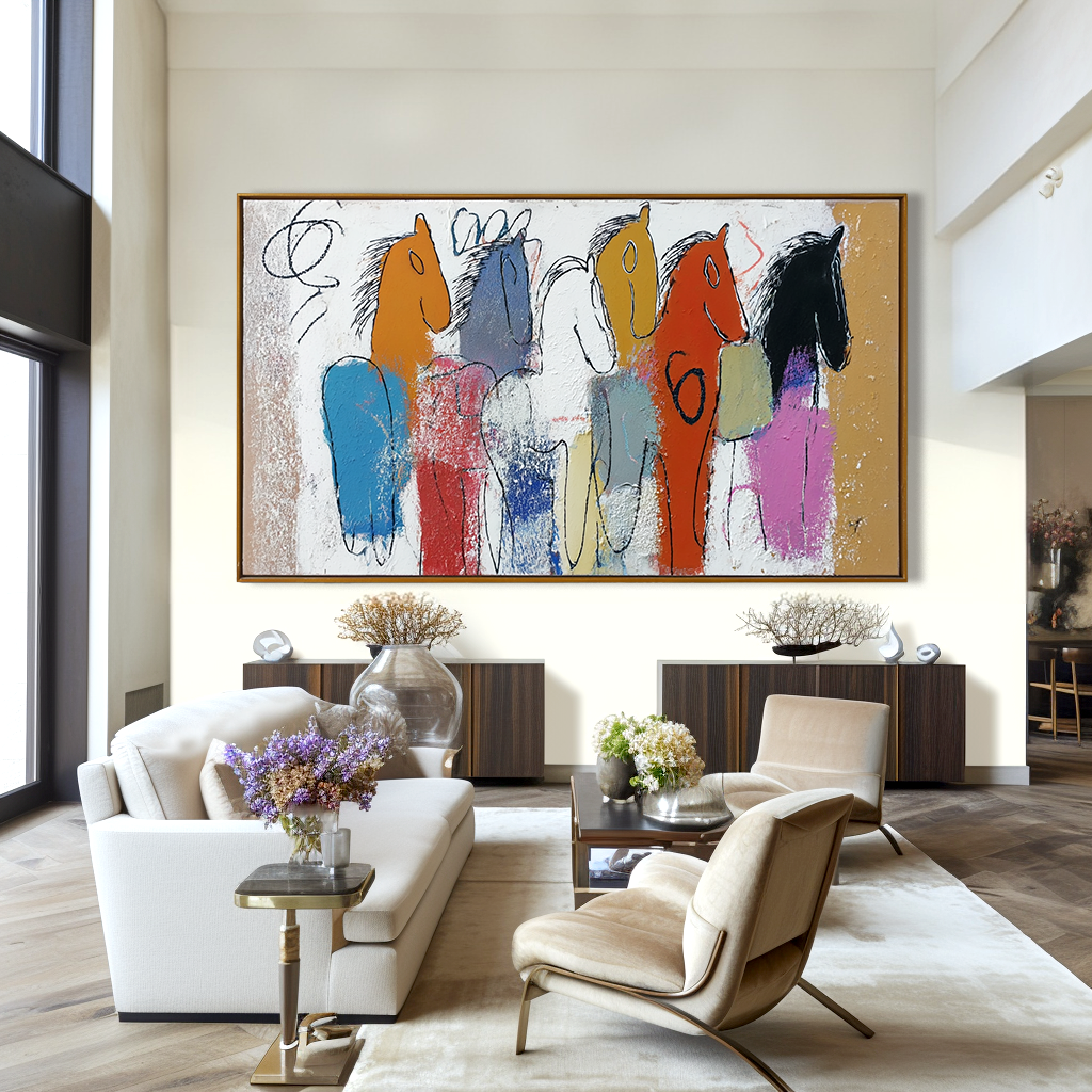 Parade of Colors — Abstract Horse Oil Painting, Naive Art Textured Wall Art