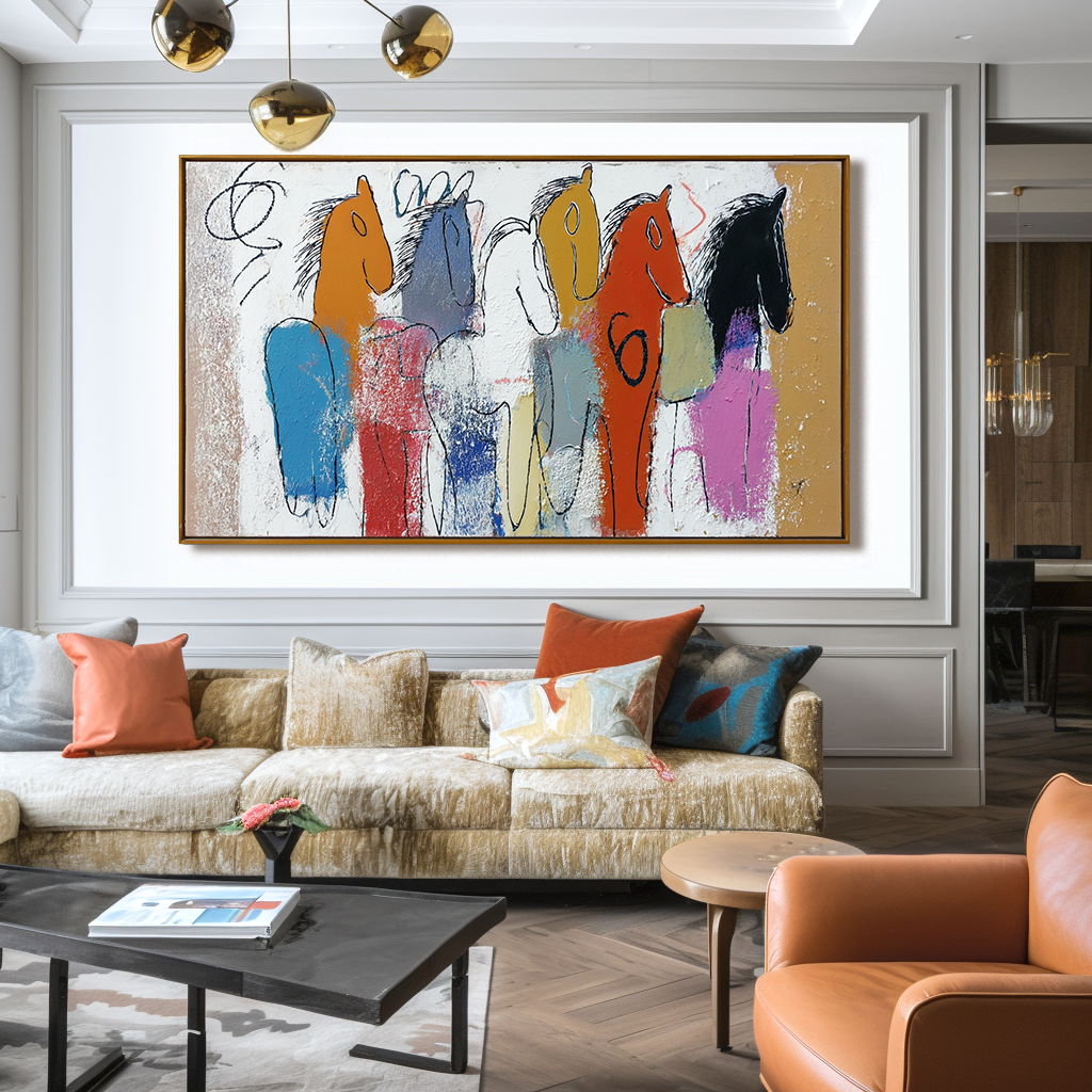 Parade of Colors — Abstract Horse Oil Painting, Naive Art Textured Wall Art