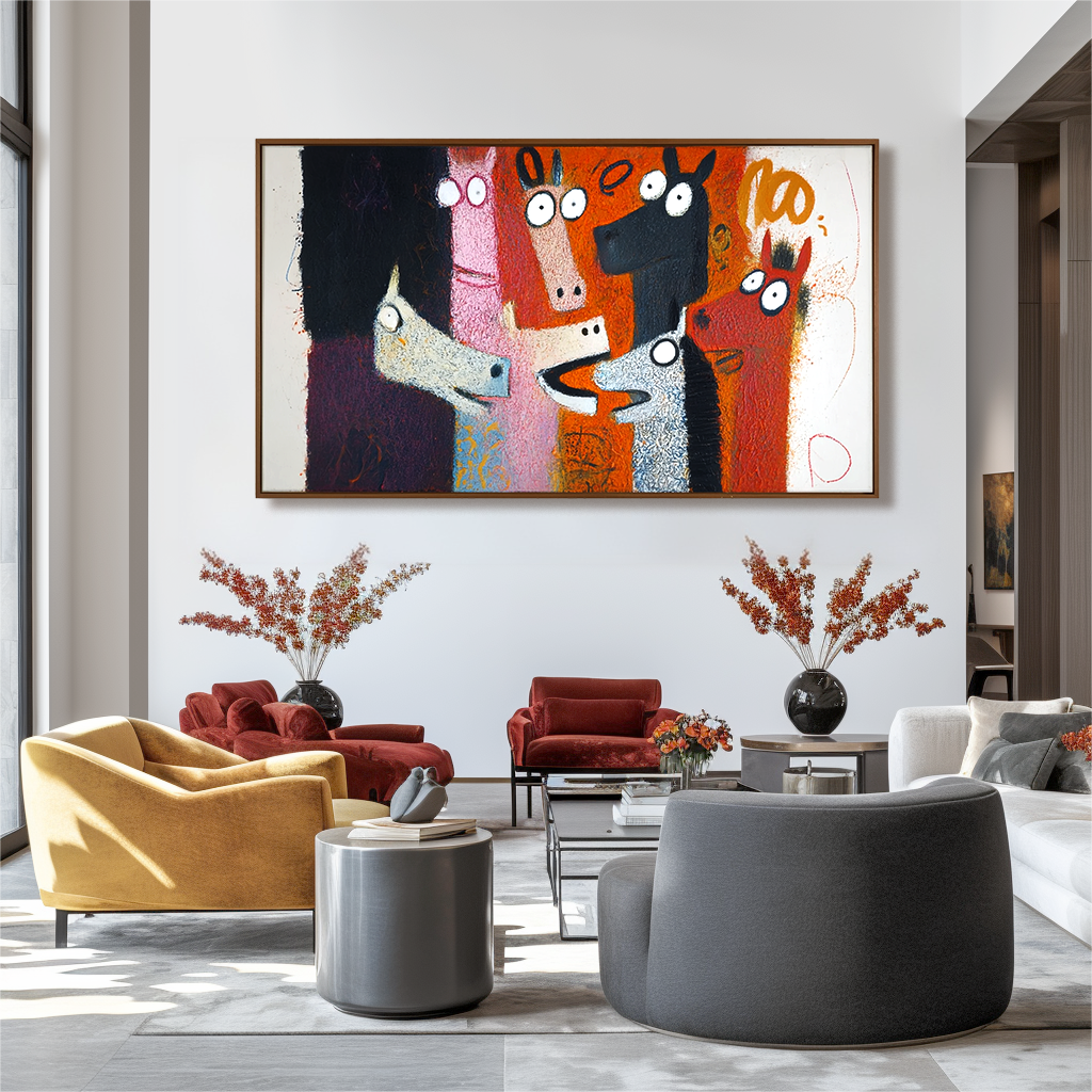 Playful Herd — Abstract Horse Oil Painting, Naive Art Textured Wall Art
