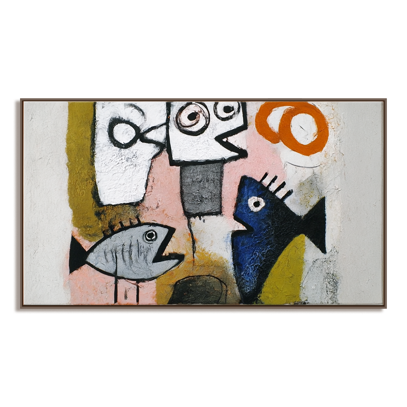 Primitive Voices — Abstract Fish & Faces Oil Painting, Naive Art Textured Wall Art