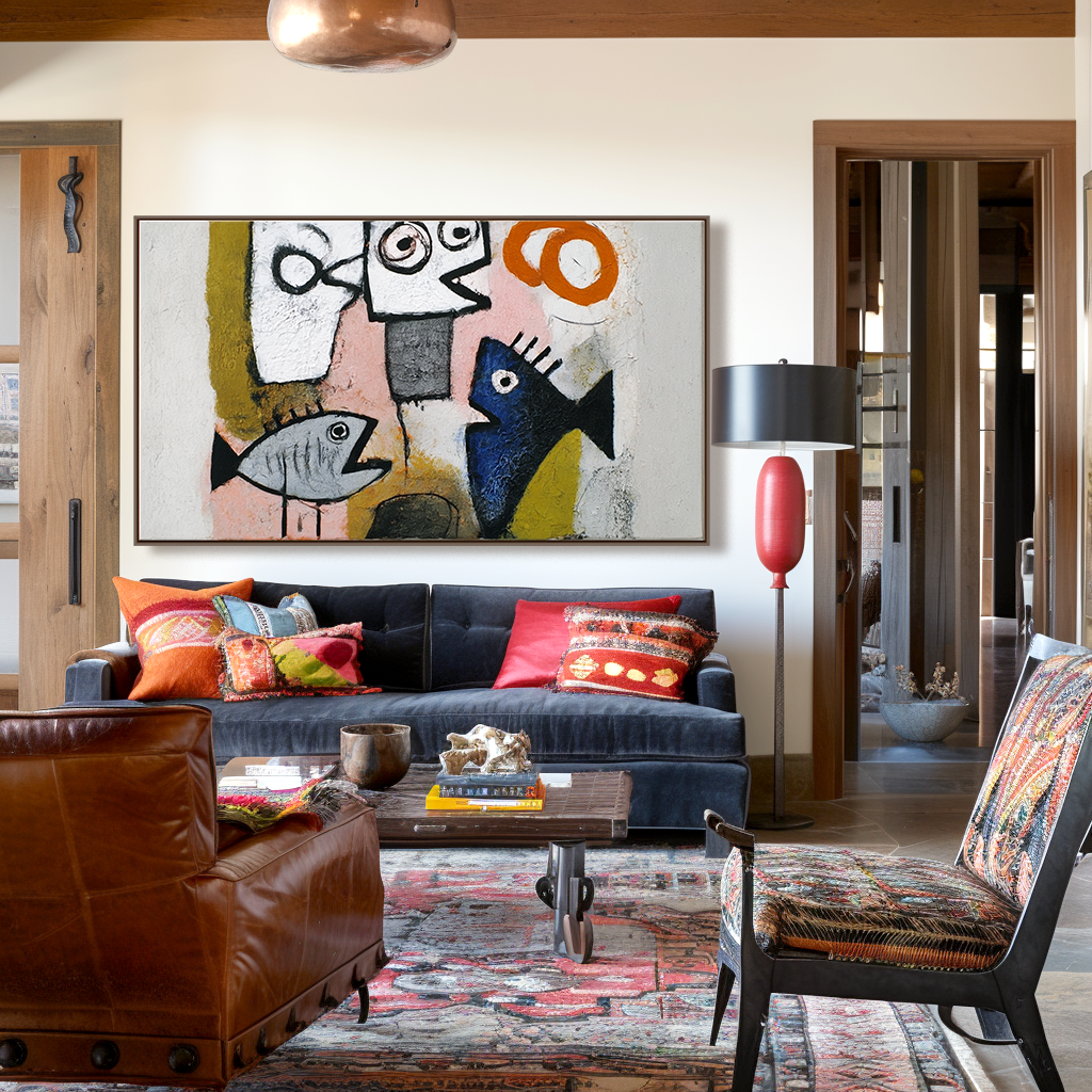 Primitive Voices — Abstract Fish & Faces Oil Painting, Naive Art Textured Wall Art