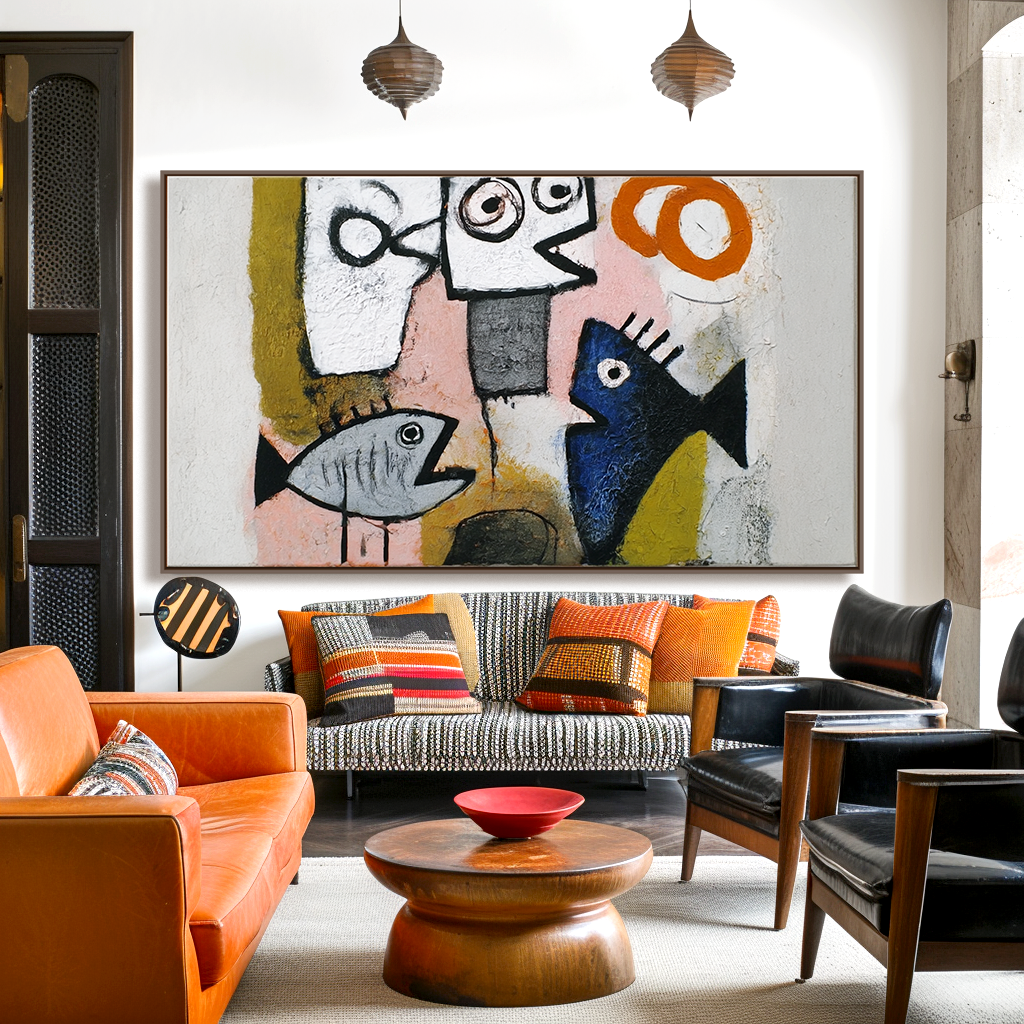 Primitive Voices — Abstract Fish & Faces Oil Painting, Naive Art Textured Wall Art