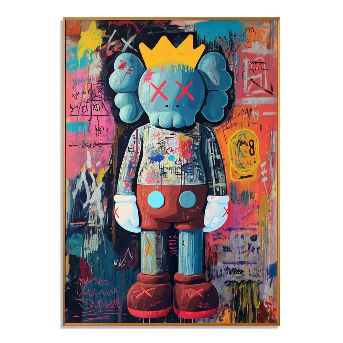 KAWS Inspired Pop Graffiti Oil Painting, Crowned Figure Wall Art