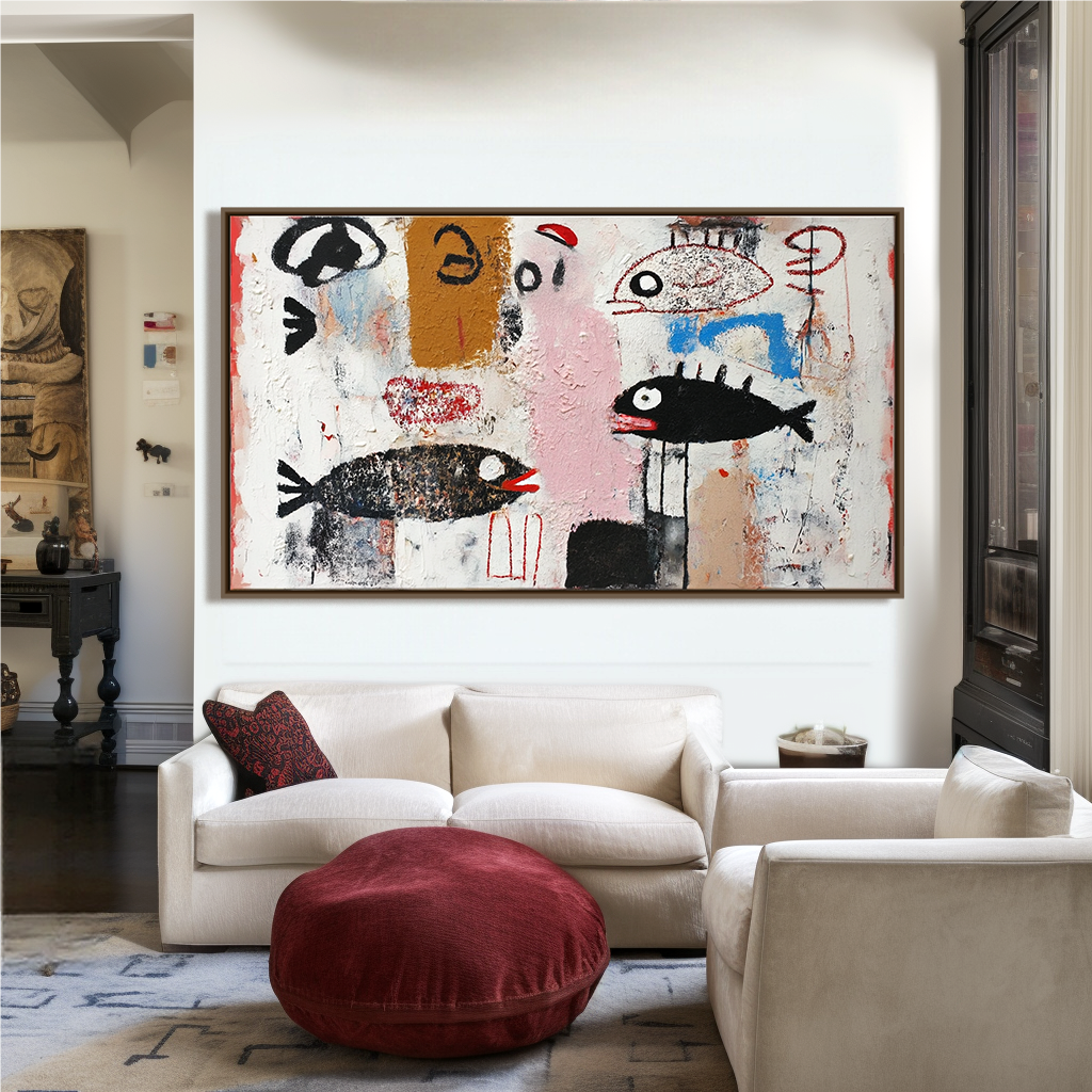 Whispers of the Sea — Abstract Fish Naive Art Oil Painting, Textured Primitive Wall Art